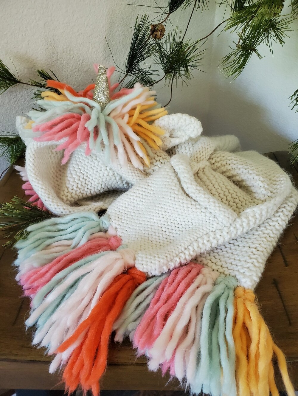 Cat & Jack Kids Unicorn Hood Scarf Knit Fringe Pockets Halloween Winter - Picture 2 of 12